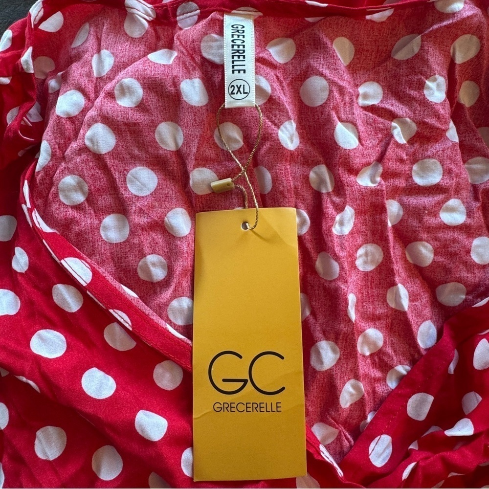 GRECERELLE Women’s V-Neck Wrap Maxi Dress 2XL Red & White Polka Dot Boho NWT - Picture 2 of 14
